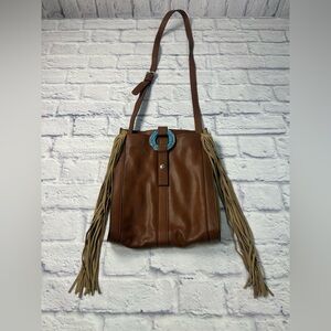Coastal Cowgirl Brown and Tan Fringe Shoulder Bag w/Turquoise &Rhinestone Bling.